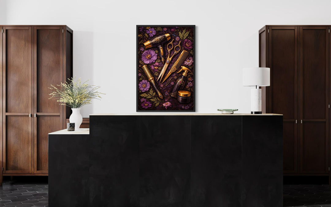 Floral hair salon wall art featuring golden scissors and combs on a dark purple botanical background.