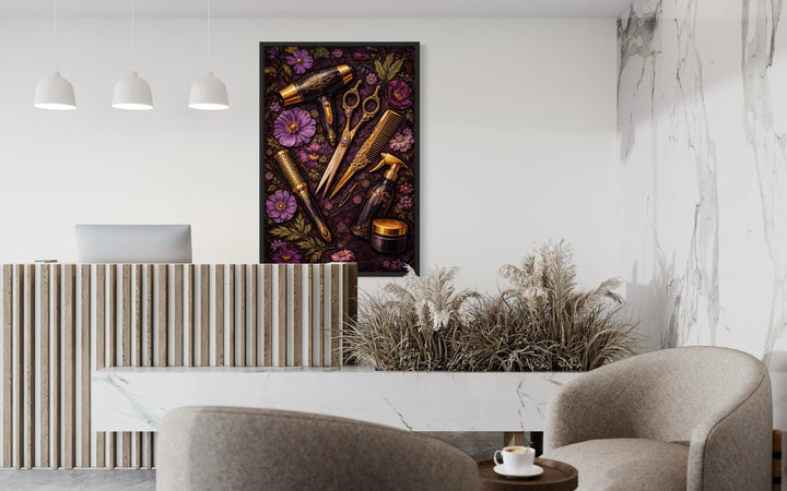 Floral hair salon wall art featuring golden scissors, combs, and brushes among purple flowers.