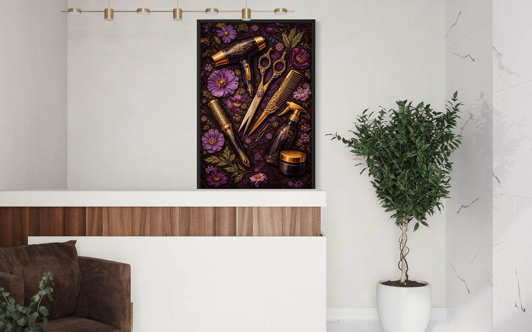 Floral hair salon wall art featuring golden scissors, combs, and brushes among purple flowers.