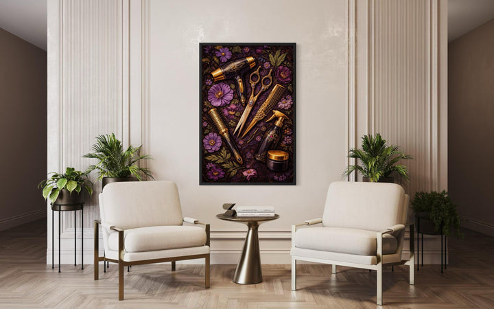 Floral hair salon wall art featuring golden scissors, combs, and brushes among purple flowers.