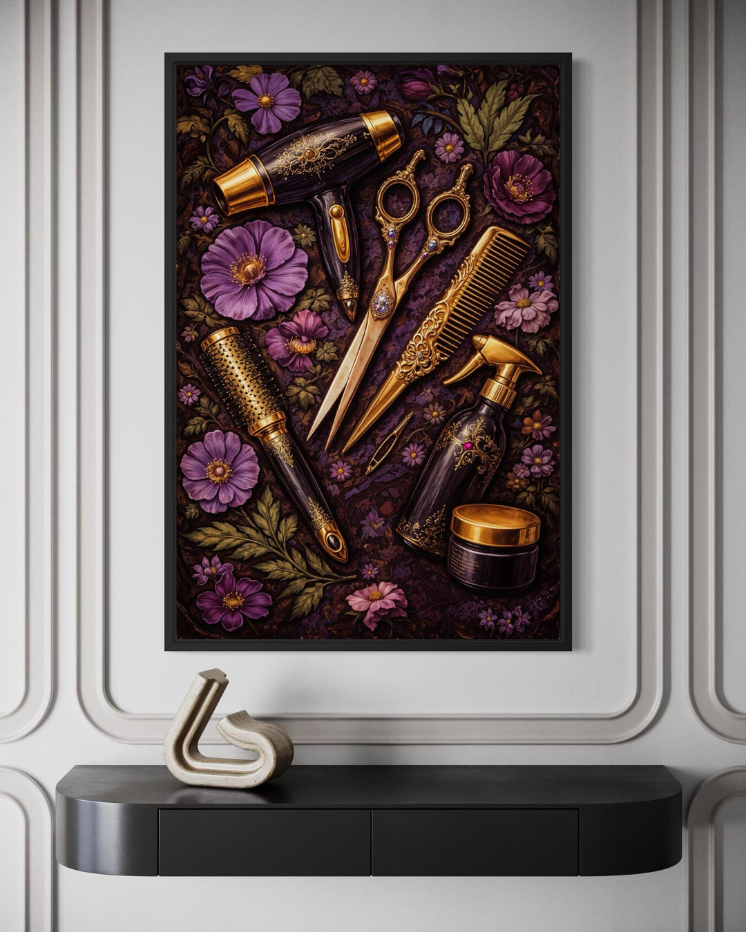 Framed floral wall art featuring golden hair salon tools and purple flowers on a dark background.