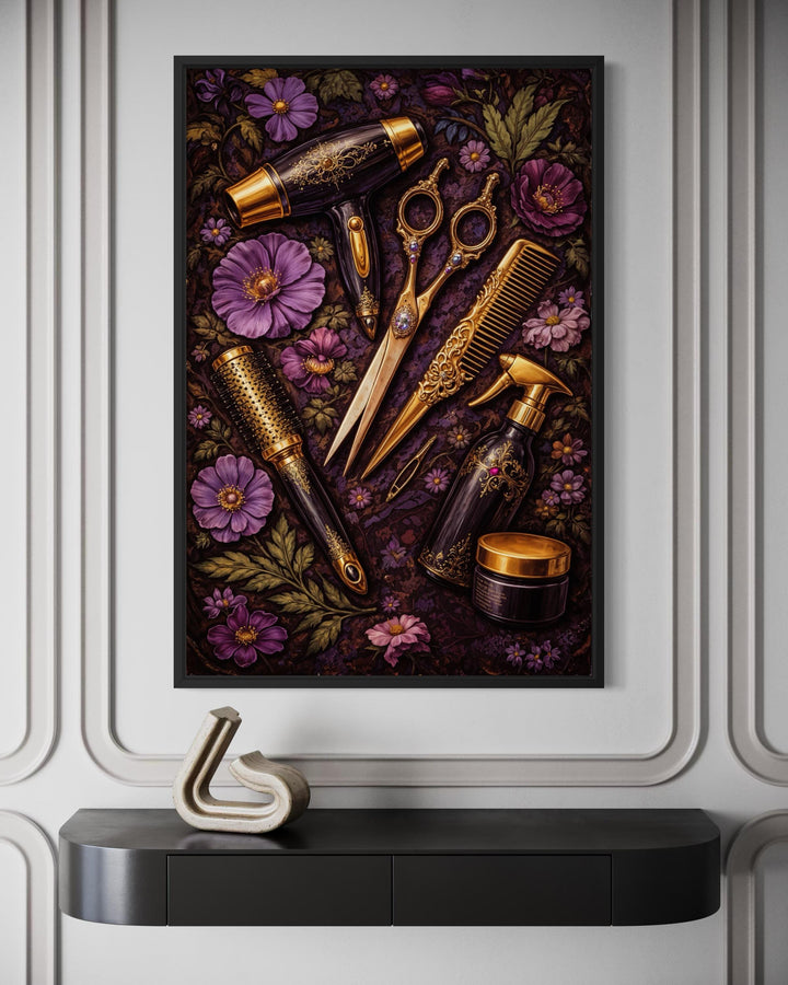 Framed floral wall art featuring golden hair salon tools and purple flowers on a dark background.