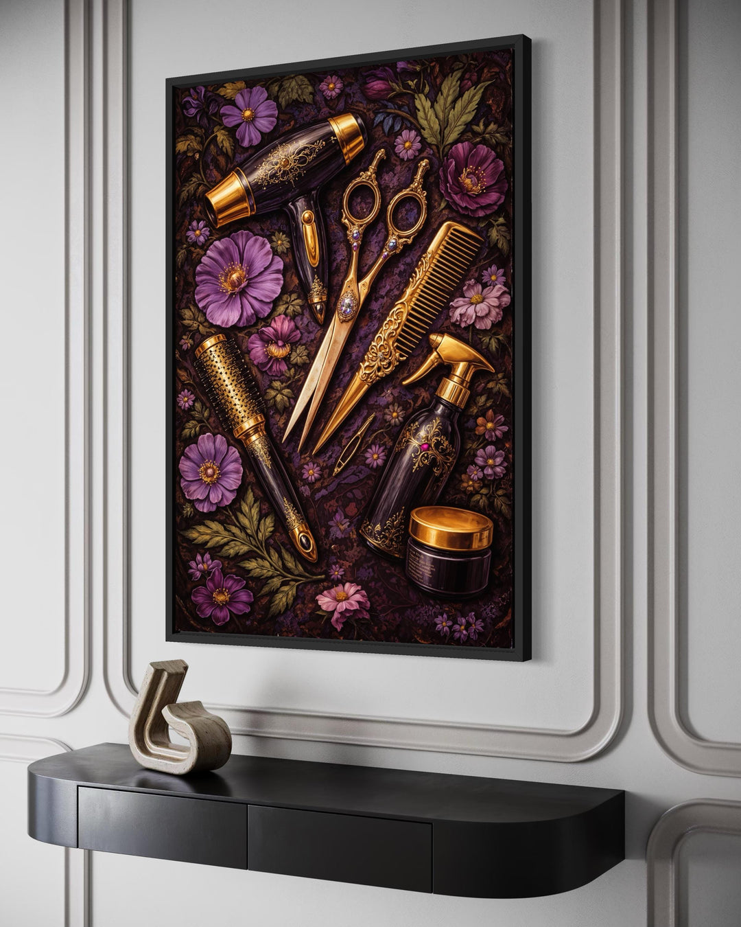 Floral hair salon wall art featuring gold hairdresser tools and purple flowers in a black frame.