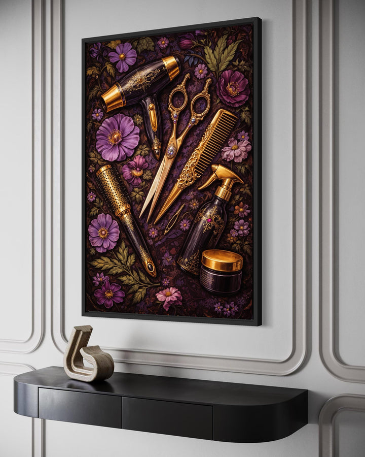 Floral hair salon wall art featuring gold hairdresser tools and purple flowers in a black frame.
