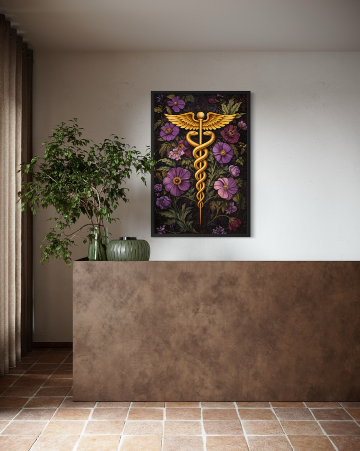 A framed vertical print of a golden caduceus surrounded by purple flowers hangs on a white wall.