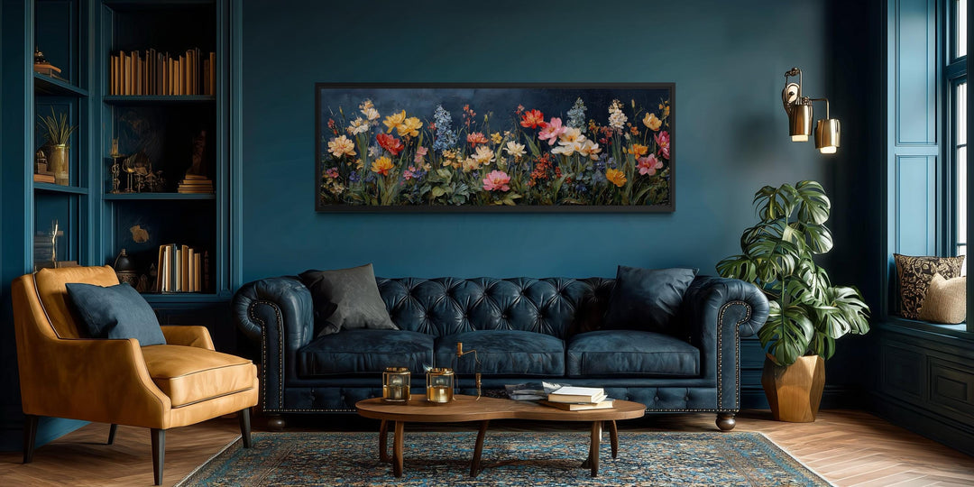 Long horizontal wall art featuring a colorful wildflower meadow on a dark navy background.