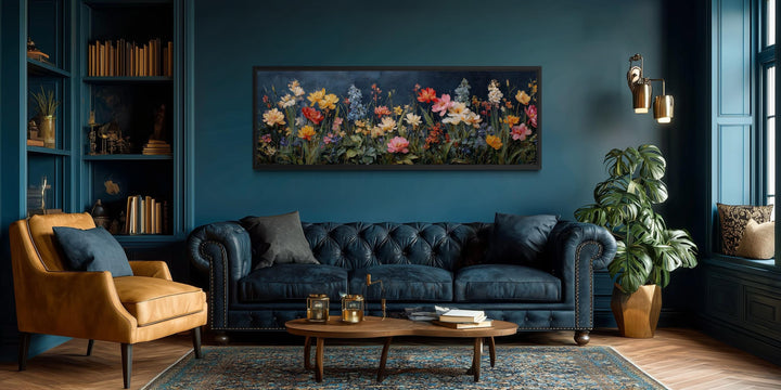 Long horizontal wall art featuring a colorful wildflower meadow on a dark navy background.