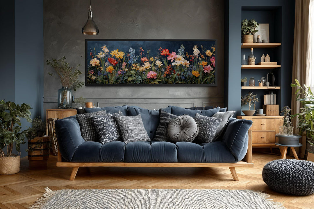 Long horizontal wall art featuring a colorful wildflower meadow on a dark navy background.