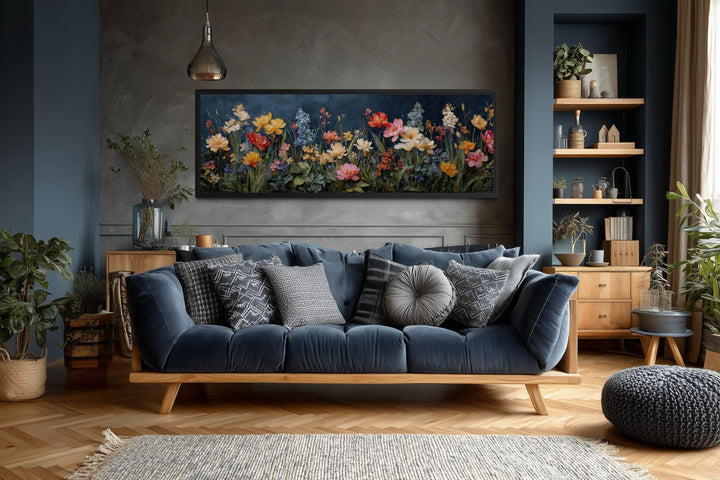 Long horizontal wall art featuring a colorful wildflower meadow on a dark navy background.