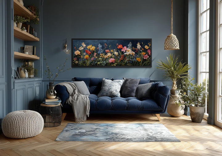Long horizontal wall art featuring a colorful wildflower meadow on a deep navy background.