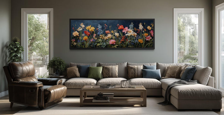 Long horizontal wall art featuring a colorful wildflower meadow on a dark navy background.