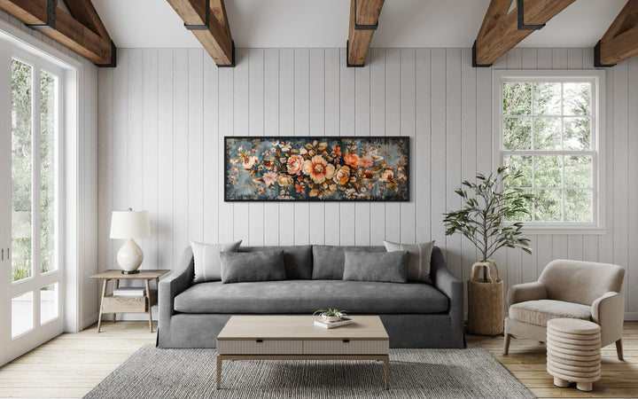 Floral Rug Pattern Long Horizontal Framed Tapestry Canvas Wall Art