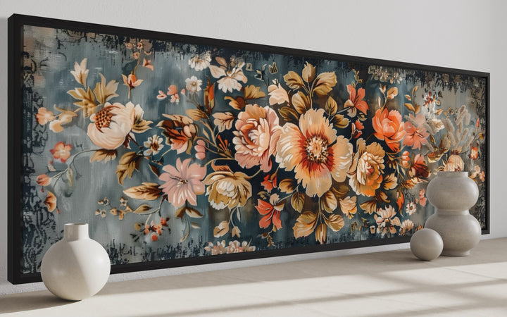 Floral Rug Pattern Long Horizontal Framed Tapestry Canvas Wall Art