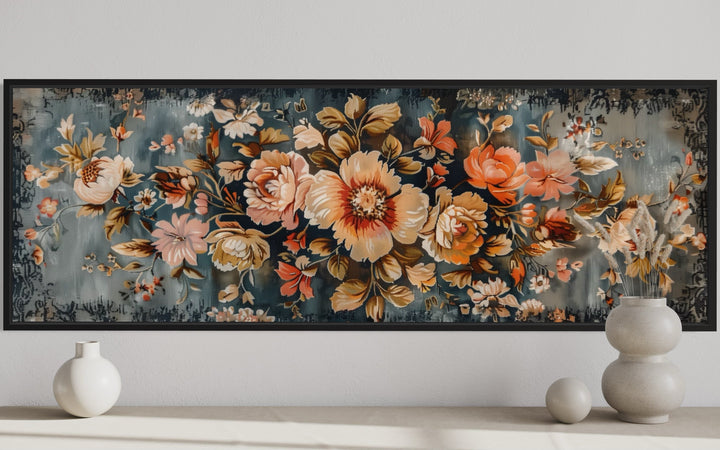 Floral Rug Pattern Long Horizontal Framed Tapestry Canvas Wall Art