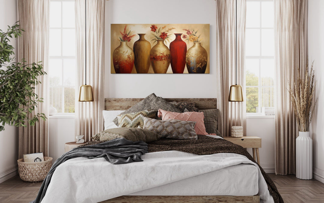 Floral Vases Wall Art – Elegant Red And Gold Canvas Wall Decor For Living Room