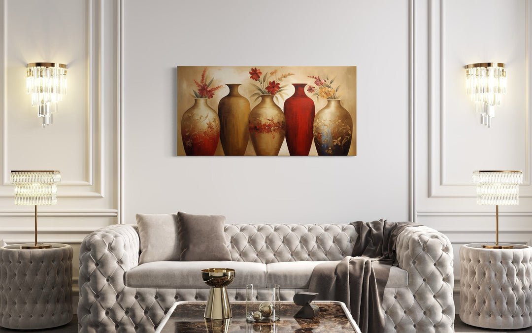 Floral Vases Wall Art – Elegant Red And Gold Canvas Wall Decor For Living Room
