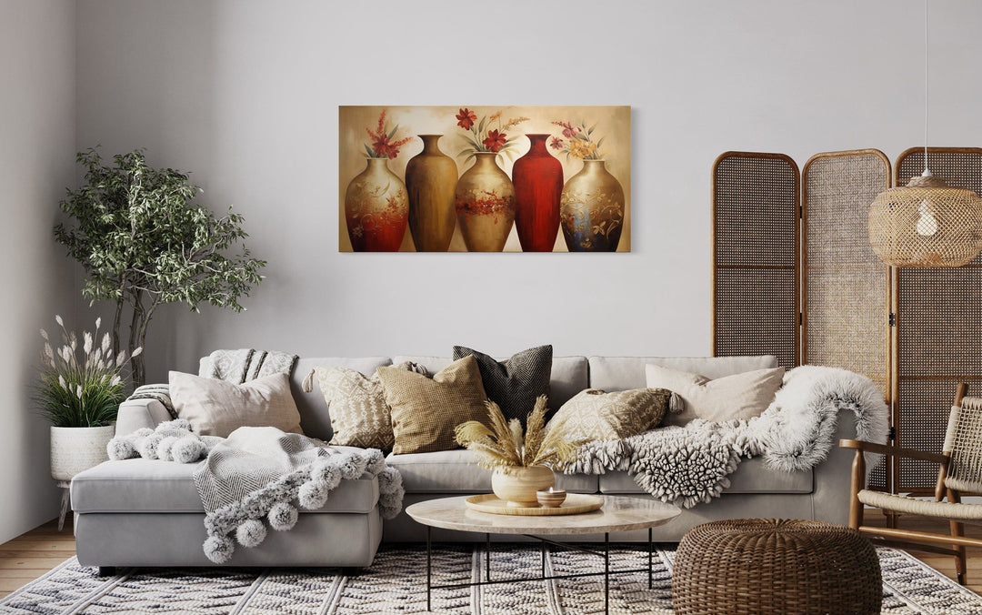 Floral Vases Wall Art – Elegant Red And Gold Canvas Wall Decor For Living Room