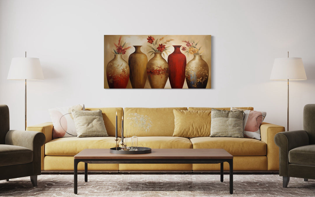 Floral Vases Wall Art – Elegant Red And Gold Canvas Wall Decor For Living Room
