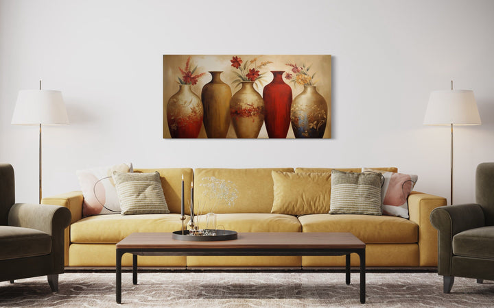Floral Vases Wall Art – Elegant Red And Gold Canvas Wall Decor For Living Room