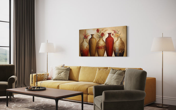 Floral Vases Wall Art – Elegant Red And Gold Canvas Wall Decor For Living Room