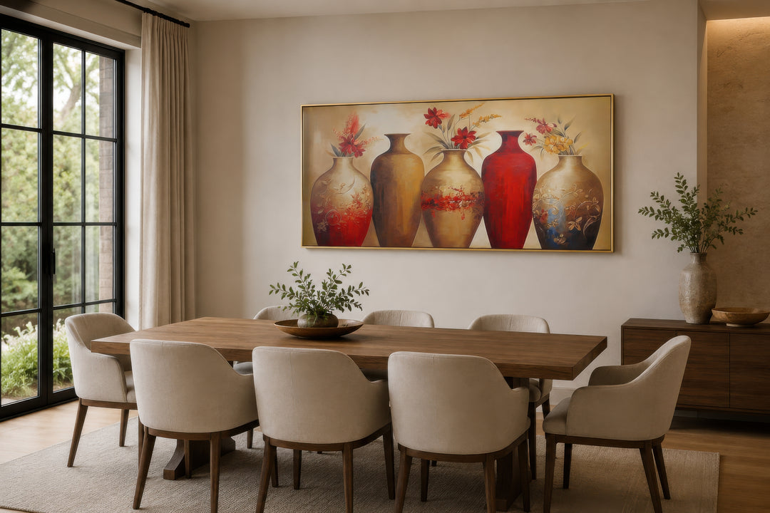 Horizontal canvas wall art featuring five floral vases in red and gold tones above a dining table.