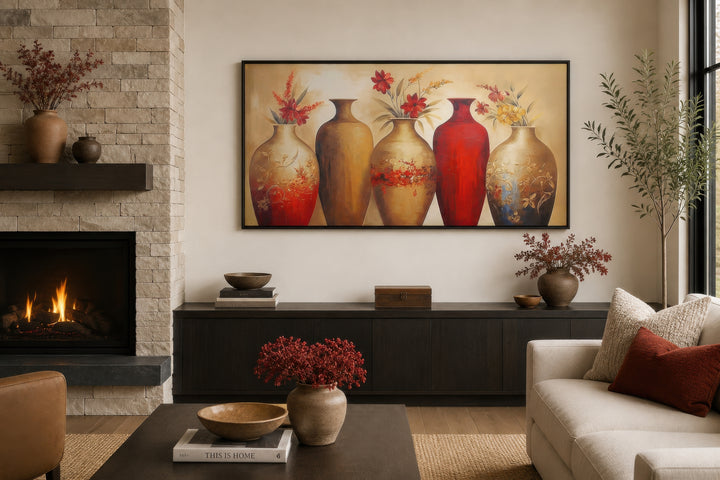 Horizontal canvas wall art featuring five elegant floral vases in shades of red and gold.