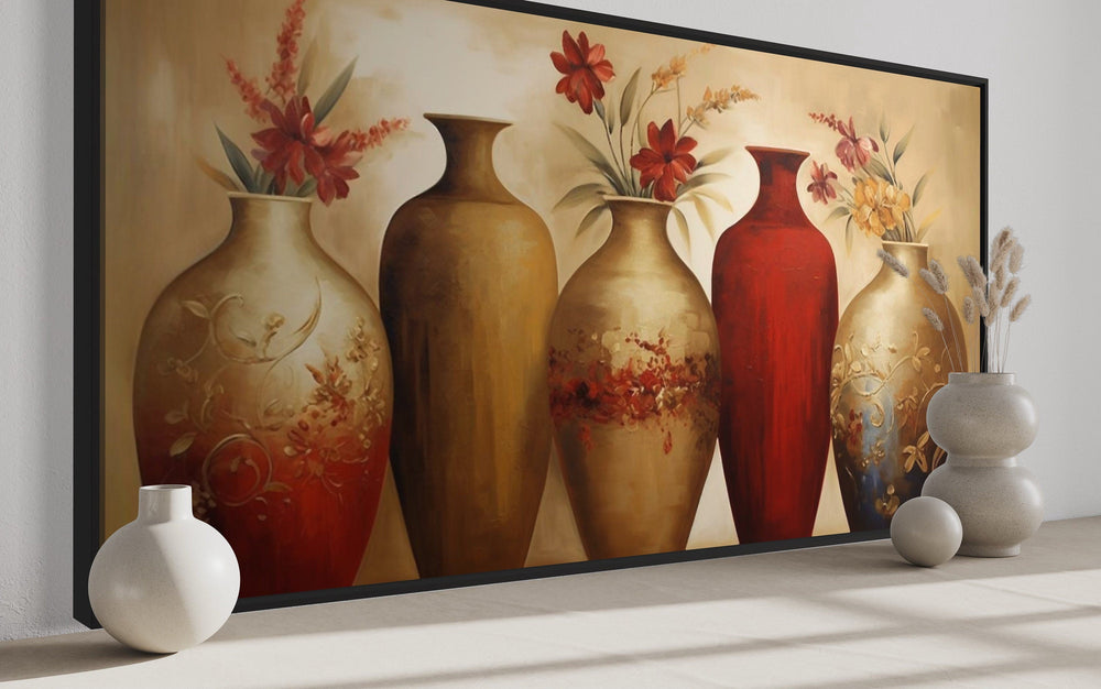 Horizontal canvas wall art featuring five elegant floral vases in shades of red and gold.