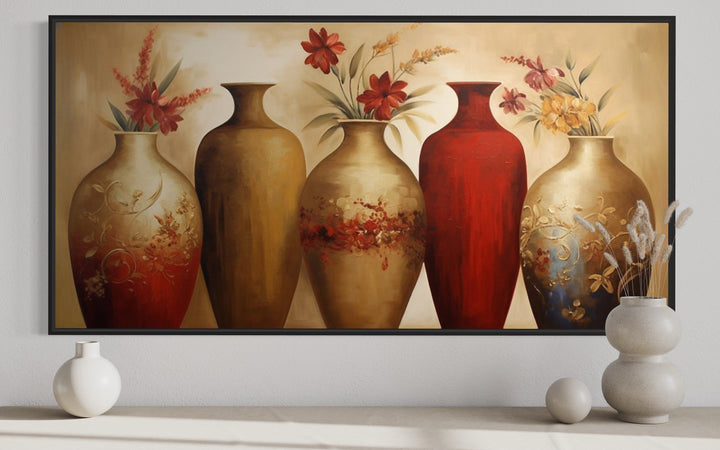 Horizontal canvas wall art featuring five elegant red and gold floral vases on a neutral background.