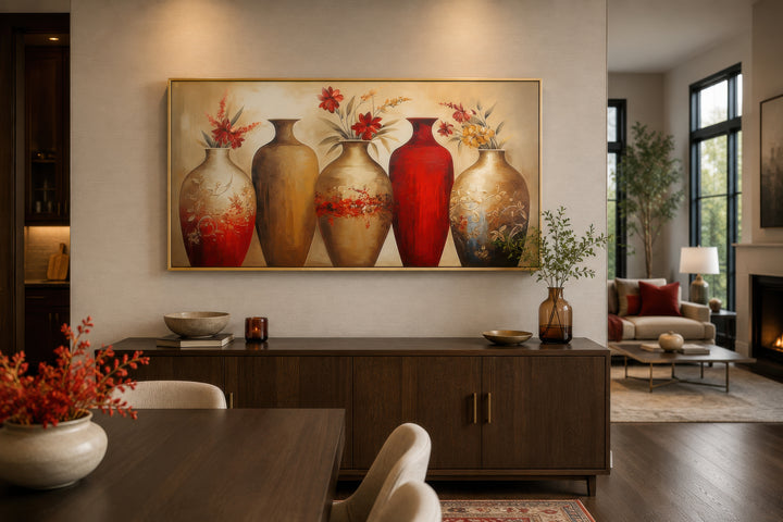 Horizontal canvas wall art featuring five elegant red and gold floral vases in a dining room.