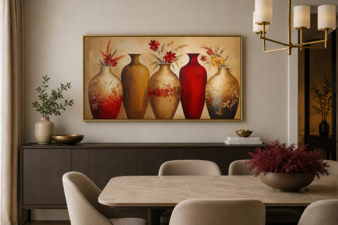 Horizontal canvas wall art featuring five floral vases in red and gold tones above a sideboard.