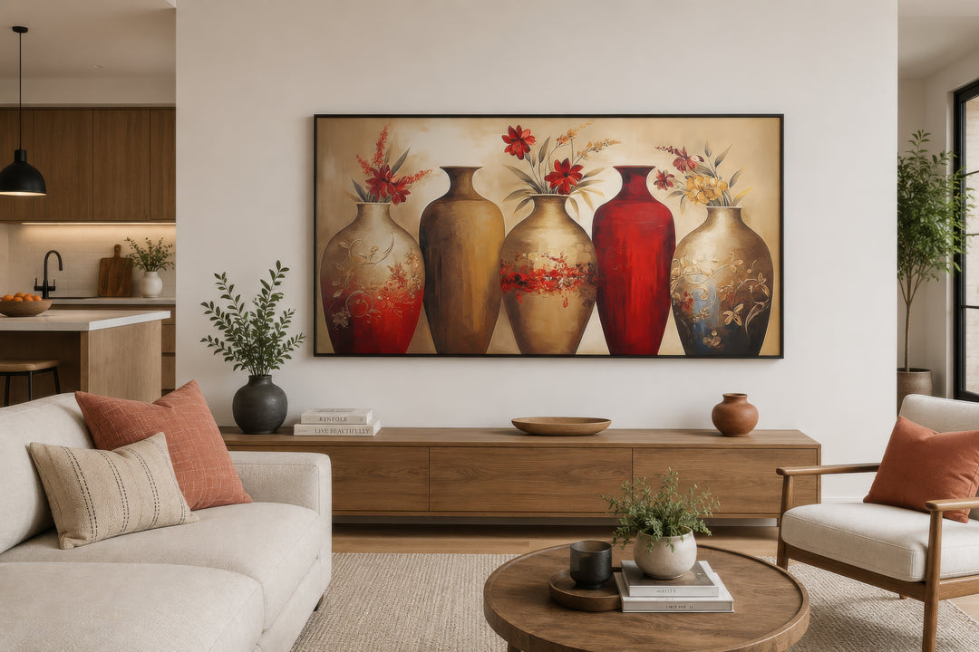 Horizontal canvas wall art featuring five elegant red and gold floral vases in a modern living room.