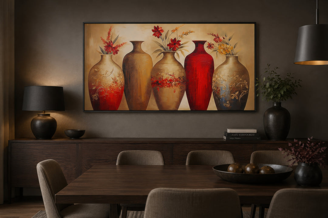 Horizontal canvas wall art featuring five elegant red and gold floral vases in a dining room.