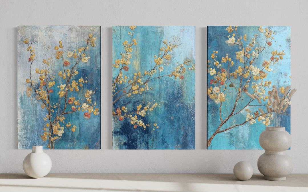 Floral Wall Art Set of 3 – Blue and Gold Blossom Canvas, Modern Botanical Triptych Decor