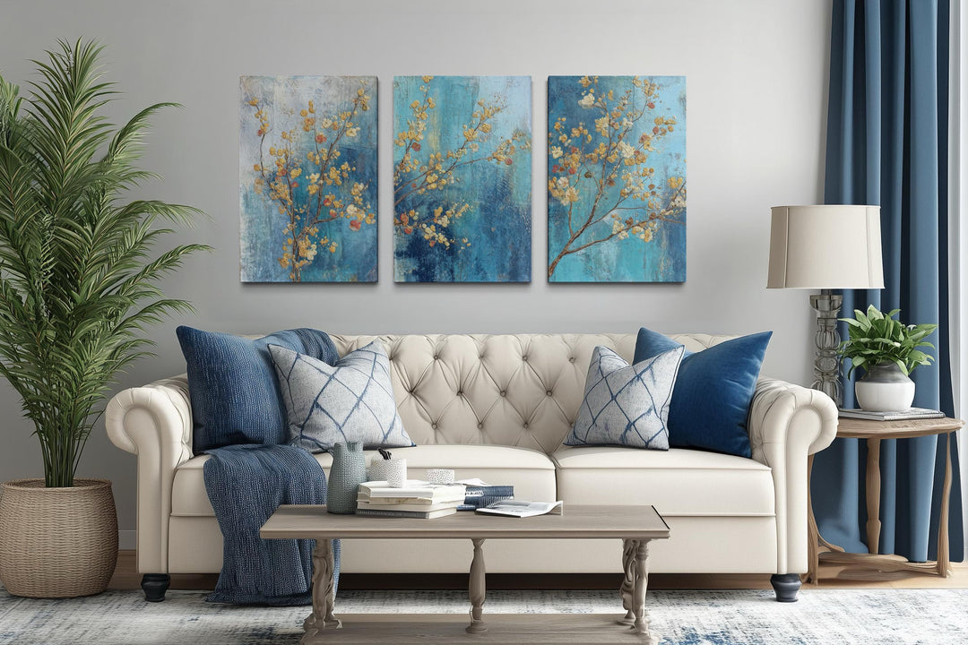 Floral Wall Art Set of 3 – Blue and Gold Blossom Canvas, Modern Botanical Triptych Decor