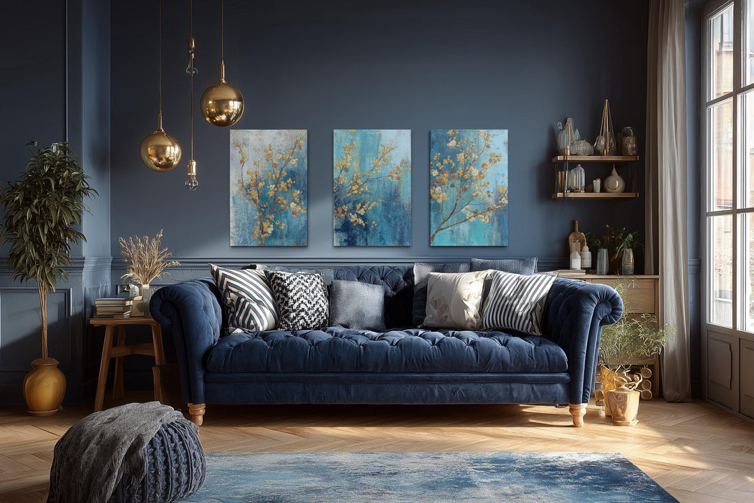 Floral Wall Art Set of 3 – Blue and Gold Blossom Canvas, Modern Botanical Triptych Decor