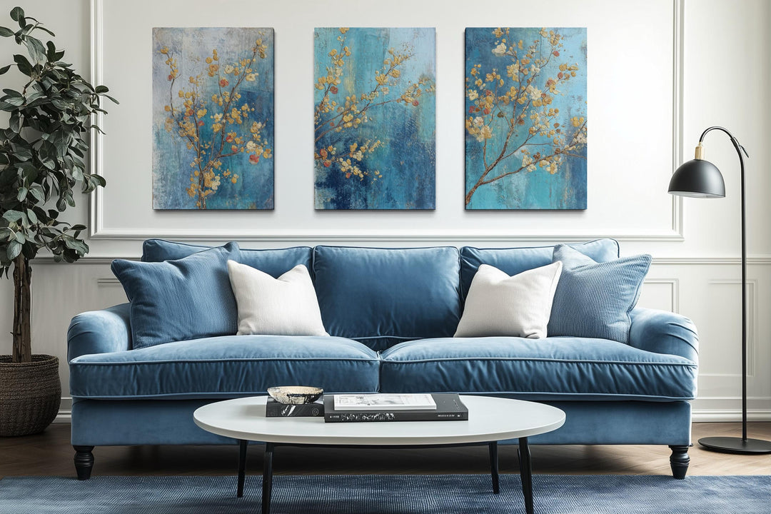 Floral Wall Art Set of 3 – Blue and Gold Blossom Canvas, Modern Botanical Triptych Decor