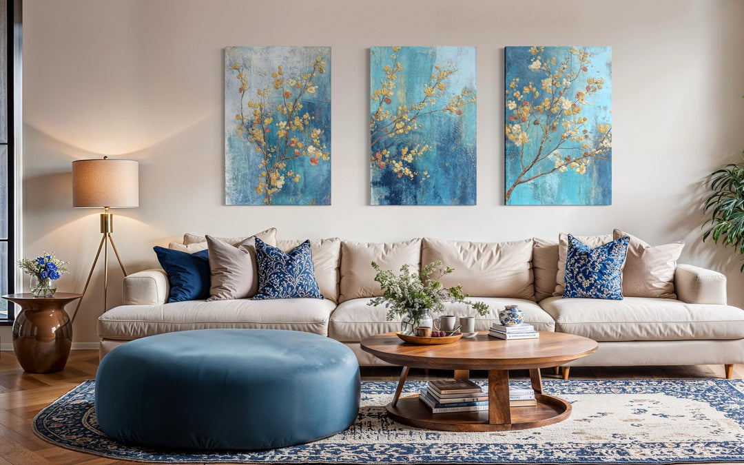 Floral Wall Art Set of 3 – Blue and Gold Blossom Canvas, Modern Botanical Triptych Decor