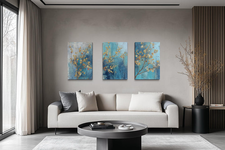 Floral Wall Art Set of 3 – Blue and Gold Blossom Canvas, Modern Botanical Triptych Decor