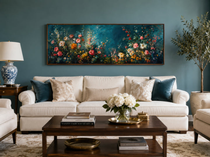 Long narrow canvas wall art featuring a floral garden on a deep teal background above a white sofa.