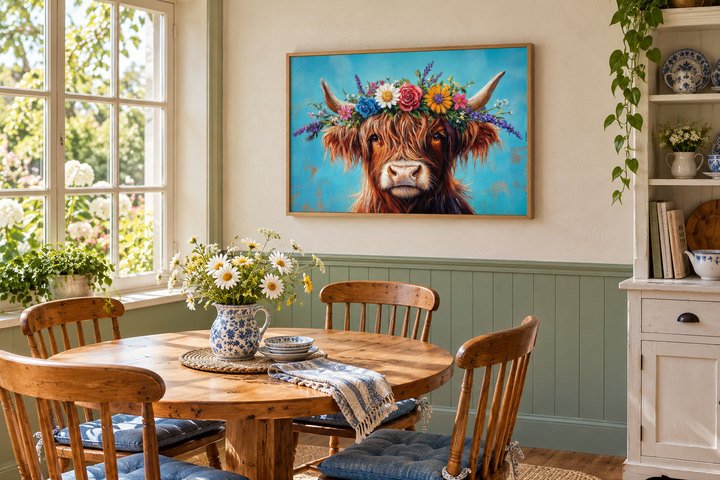 Highland Cow with Floral Wreath canvas wall art in a rustic farmhouse dining room.