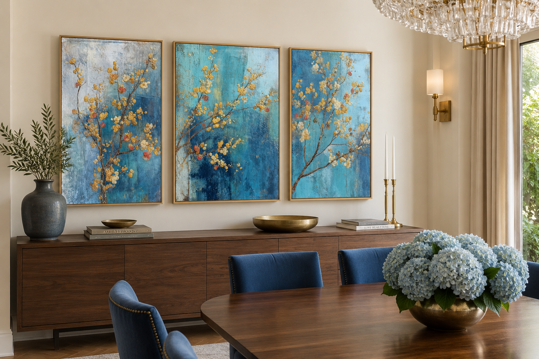 Floral Wall Art Set of 3 featuring blue and gold blossom canvas prints above a wooden sideboard.