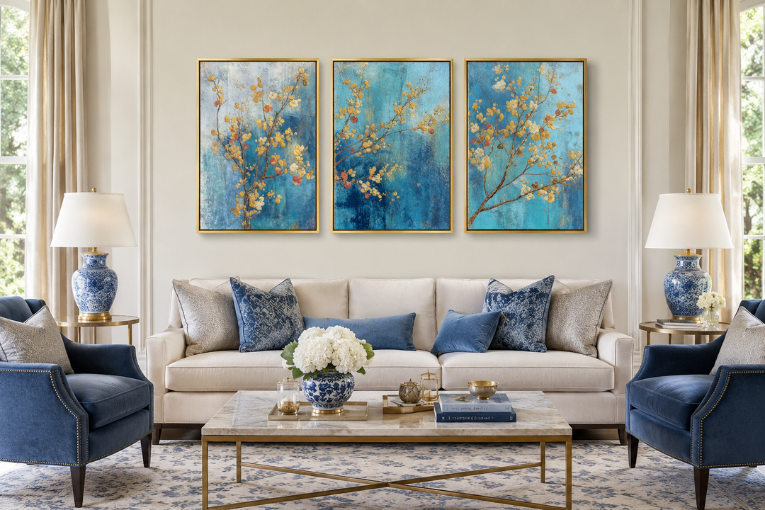 Set of 3 blue and gold floral canvas wall art panels displayed above a sofa in a living room.