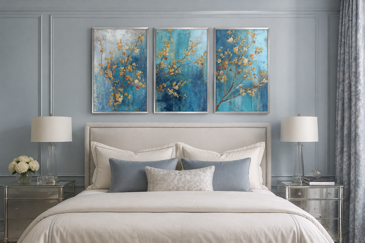 Floral Wall Art Set of 3 featuring blue and gold blossoms on canvas above a bed in a bedroom.
