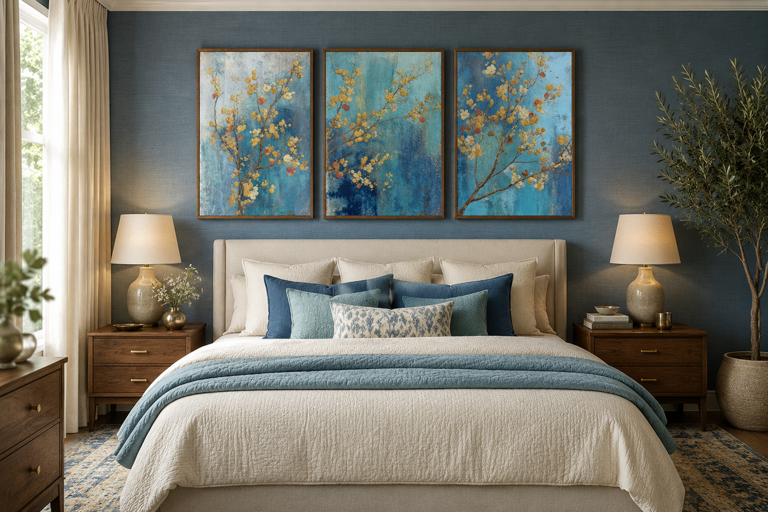 Triptych of blue and gold floral canvas art hanging above a bed in a modern bedroom.