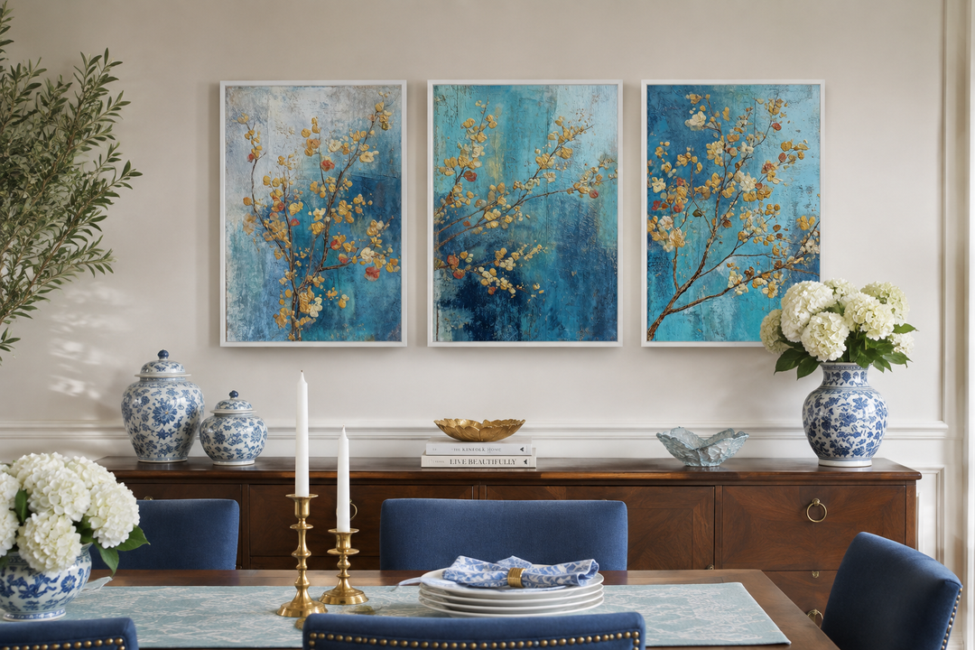 Three-piece blue and gold floral canvas wall art set hanging above a wooden sideboard.