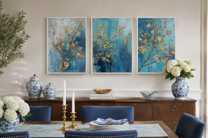 Three-piece blue and gold floral canvas wall art set hanging above a wooden sideboard.