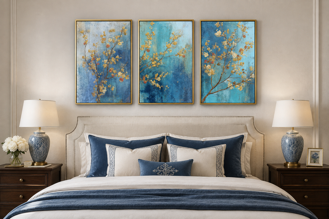 Set of 3 blue and gold blossom canvas prints hanging above a bed with matching blue bedding.