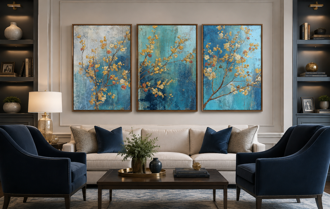 Set of 3 blue and gold blossom canvas prints displayed as a triptych over a sofa in a living room.