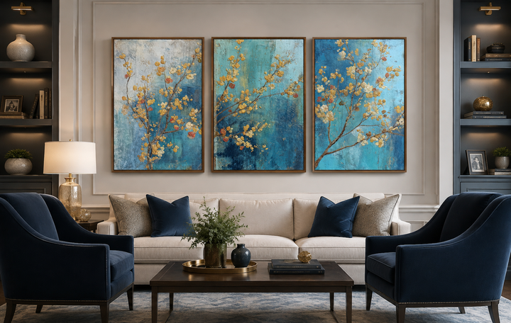 Set of 3 blue and gold blossom canvas prints displayed as a triptych over a sofa in a living room.