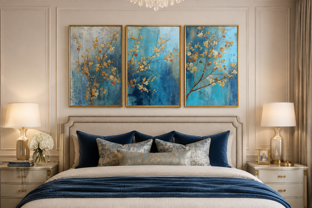Floral Wall Art Set of 3: Blue and Gold Blossom Canvas triptych above a bed with blue pillows.